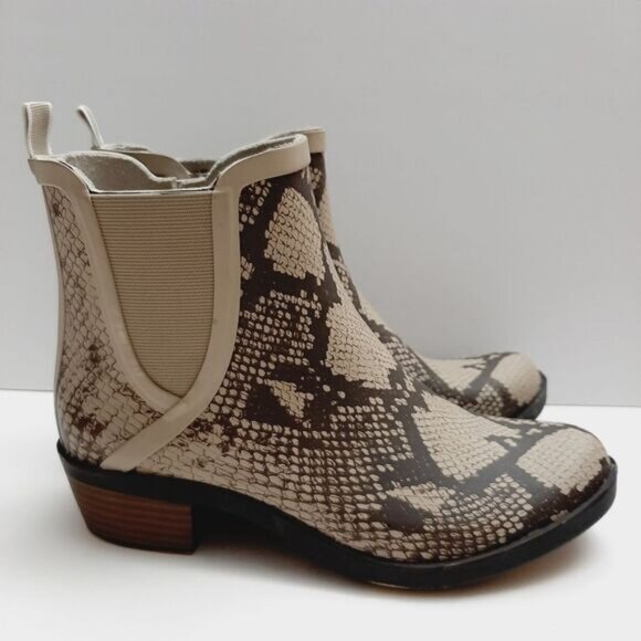 LUCKY BRAND Basel H2O Snakeskin Print Rain Boots Zip-Up Booties Tan Brown Sz 7 M - Picture 2 of 14